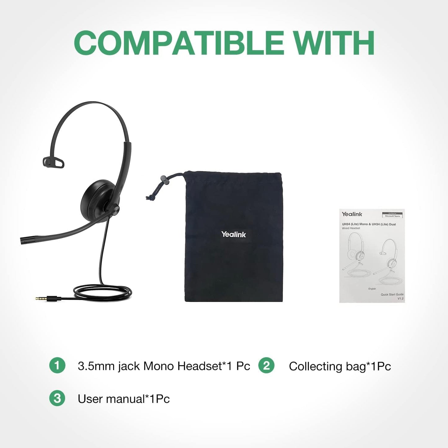 Yealink UH34 Wired Headset with Mic, 3.5mm Mono Headphones Noise Canceling Microphones,Teams Certified Work Office Headset for Computer PC Mac Laptop Tablet Smartphone