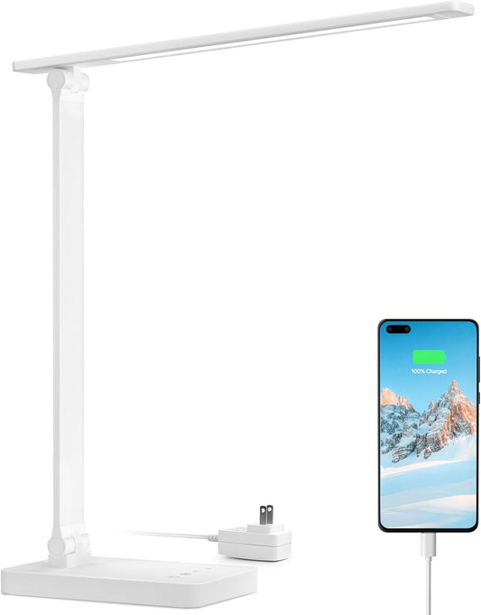 Lepro LED Desk Lamp with USB Charging Port Dimmable Home Office Touch Control Reading Table Lamp,3 Color Modes with 5 Brightness Level, School Dorm Room Essentials, Task Lamp, Sewing, Crafting, White - Lumora Desk