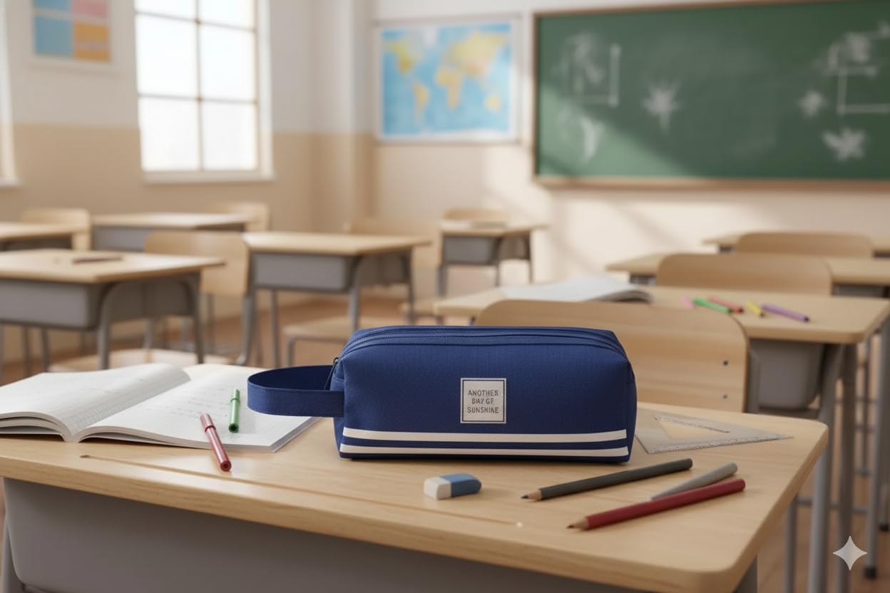 Large Capacity Pencil Case Organizer with 2 Zipper Pockets, Durable Canvas Stationery Bag for School and Office Supplies, Multi-Purpose Pen Pouch and Travel Storage Case (Navy)