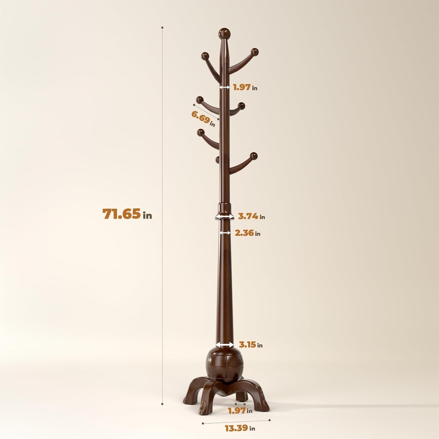 Wood Coat Rack Freestanding, Solid Wooden Hall Tree with 8 Hooks, Coat Tree Freestanding Heavy Duty with Stable Base, Entryway Hallway Bedroom Office Use, 240lbs Load Capacity H:71.6in (Walnut) - Lumora Desk