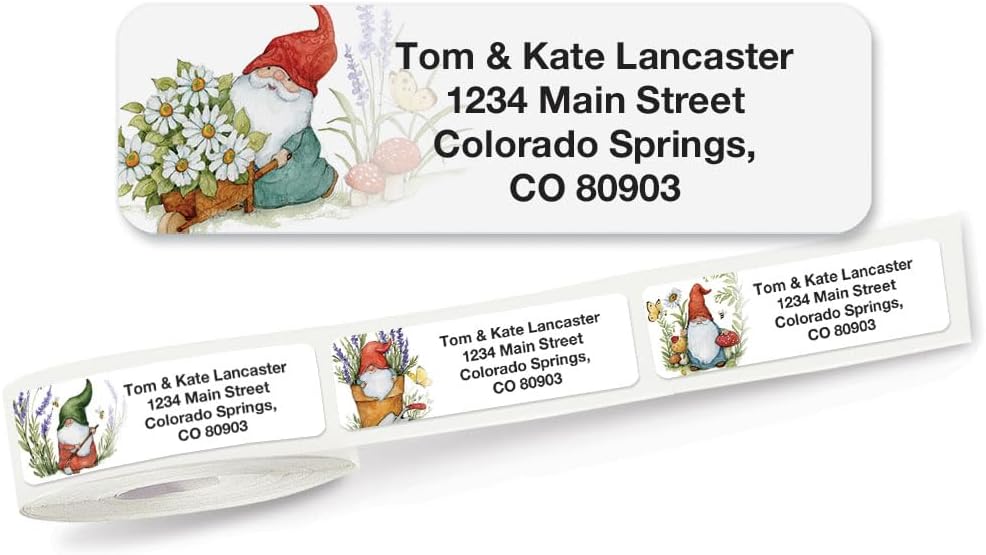 Colorful Images Forest Gnomes Rolled Personalized Return Address Mailing Labels with Dispenser, Customize with Name & Shipping Address, 250 ¾” x 2½” Self Adhesive, Easy Peel Label Roll - Lumora Desk