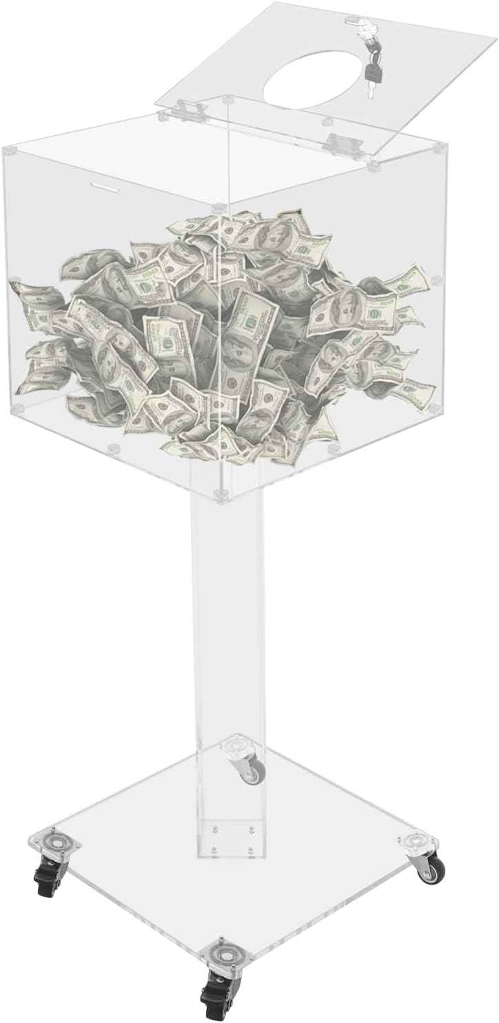 Acrylic Suggestion Box with Lock and Key for Office, Home, Event Donation with Stand for Charity Church Collection Offering/Raffle Ballot Box with Sign Holder Display Stand