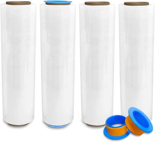 4 Rolls x 18" x 1500 Feet x 80 Gauge Clear Commercial Grade Heavy Duty Plastic Stretch Film Shrink Wrap | Industrial Strength Durable | Shipping Moving Packing Logistics | Holder Included