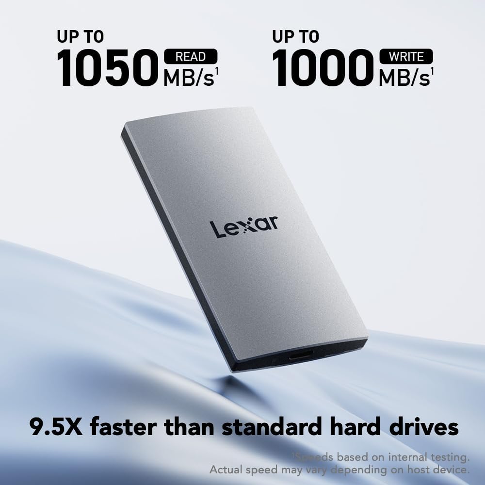 Lexar 2TB ES3 Portable SSD, Up to 1050MB/s Read & 1000MB/s Write, Compatible with PC & Mac, Tablets, Smartphones, External Solid State Drive, Silver (LES3XXX002T-RNSAU)