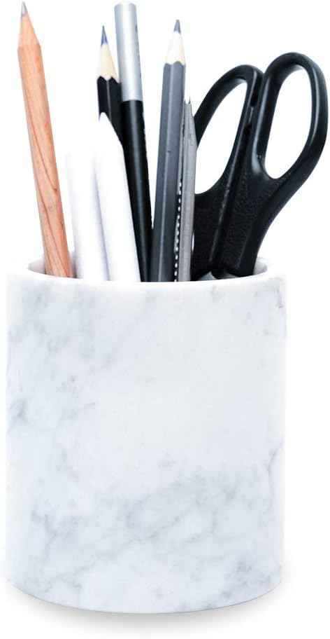 JIMEI Natural Marble Pencil Pen Holder Stand for Desk, Makeup Brush Cup for Girls, Bathroom Tumbler Cup, Durable Office & Home Organizer Pencil Holder (White)