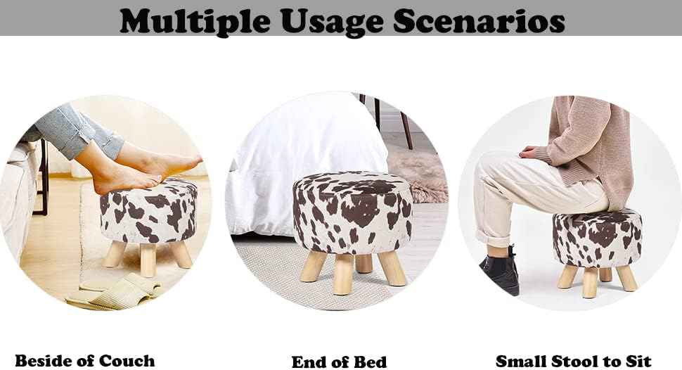 Homebeez Round Ottoman Stool Velvet Foot Rest, Small Footstool with Non-Skid Legs (Brown Cow)