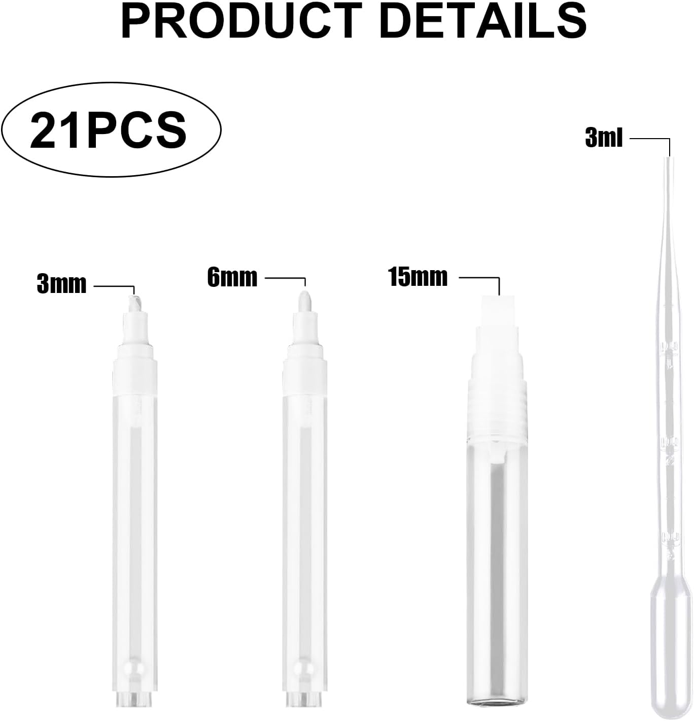 21Pcs Refillable Acrylic Paint Markers 3mm 6mm15mm, Empty Acrylic Markers with 3 ml Dropper, Blank Round Tilted Flat Head Fillable Paint Pen for Adult Painting, Ceramics Graffiti Stone and DIY