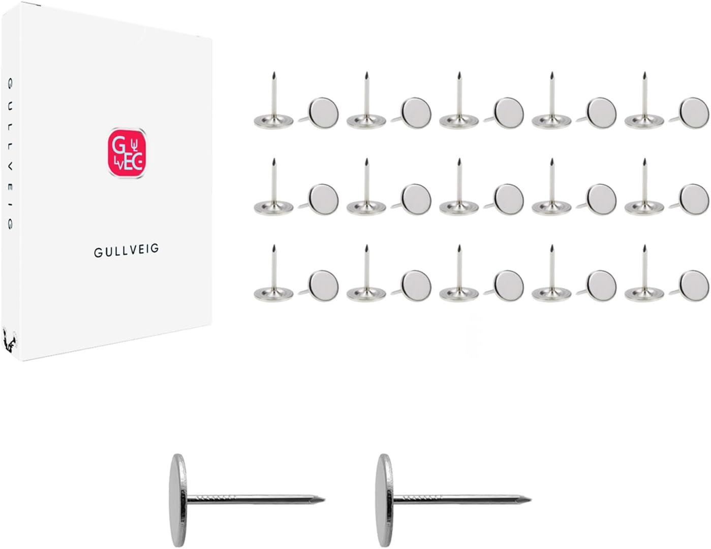 Gullveig Silver Push Pins and Thumb Tacks: Heavy Duty Flat Upholstery, Long Carpet Tacks, and Decorative Nails for Wood and Fabric, 30 Count