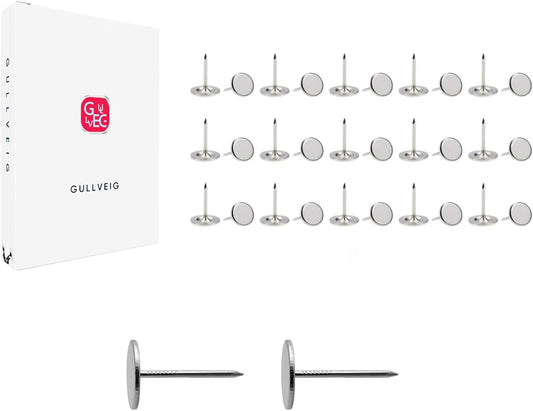 Gullveig Silver Push Pins and Thumb Tacks: Heavy Duty Flat Upholstery, Long Carpet Tacks, and Decorative Nails for Wood and Fabric, 30 Count