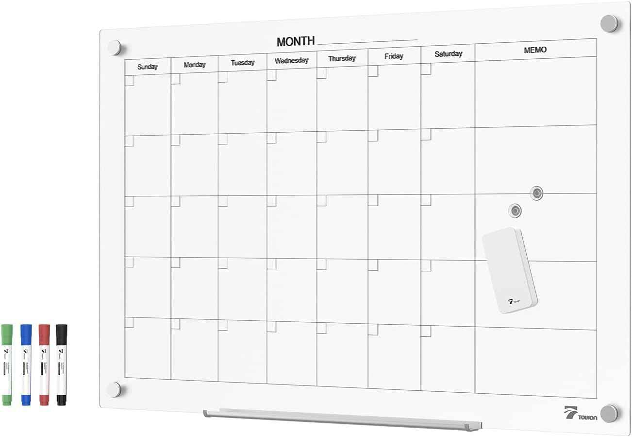 TOWON Tempered Glass Calendar Dry Erase Board for Wall, 3' x 2' Magnetic Whiteboard Calendar Planner for Office, Home, School Supplies, White, 36 x 24 Inches