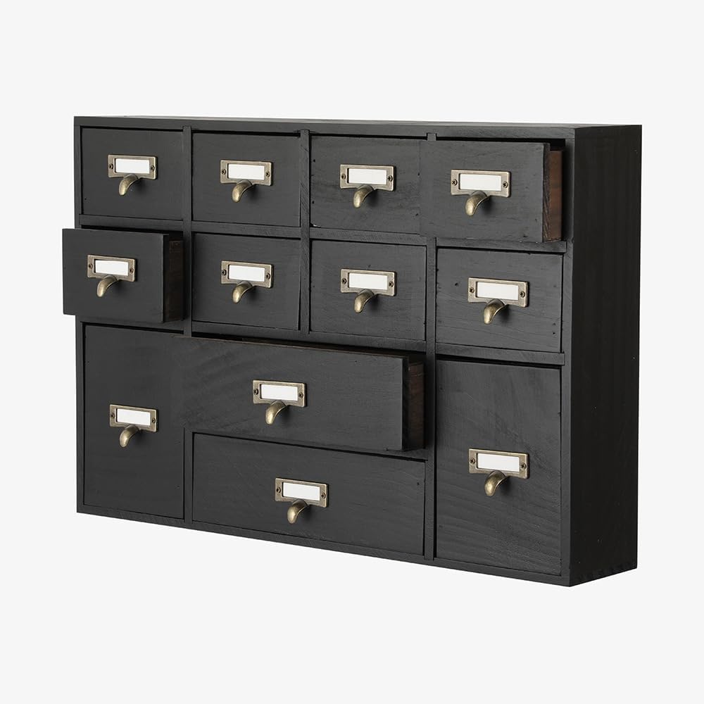 12 Drawers Apothecary Cabinet with Drawers Tabletop Apothecary Drawers Library Card Catalog Cabinet Medicine Cabinets Wood Desk Organizer Wooden Storage Box (Black)