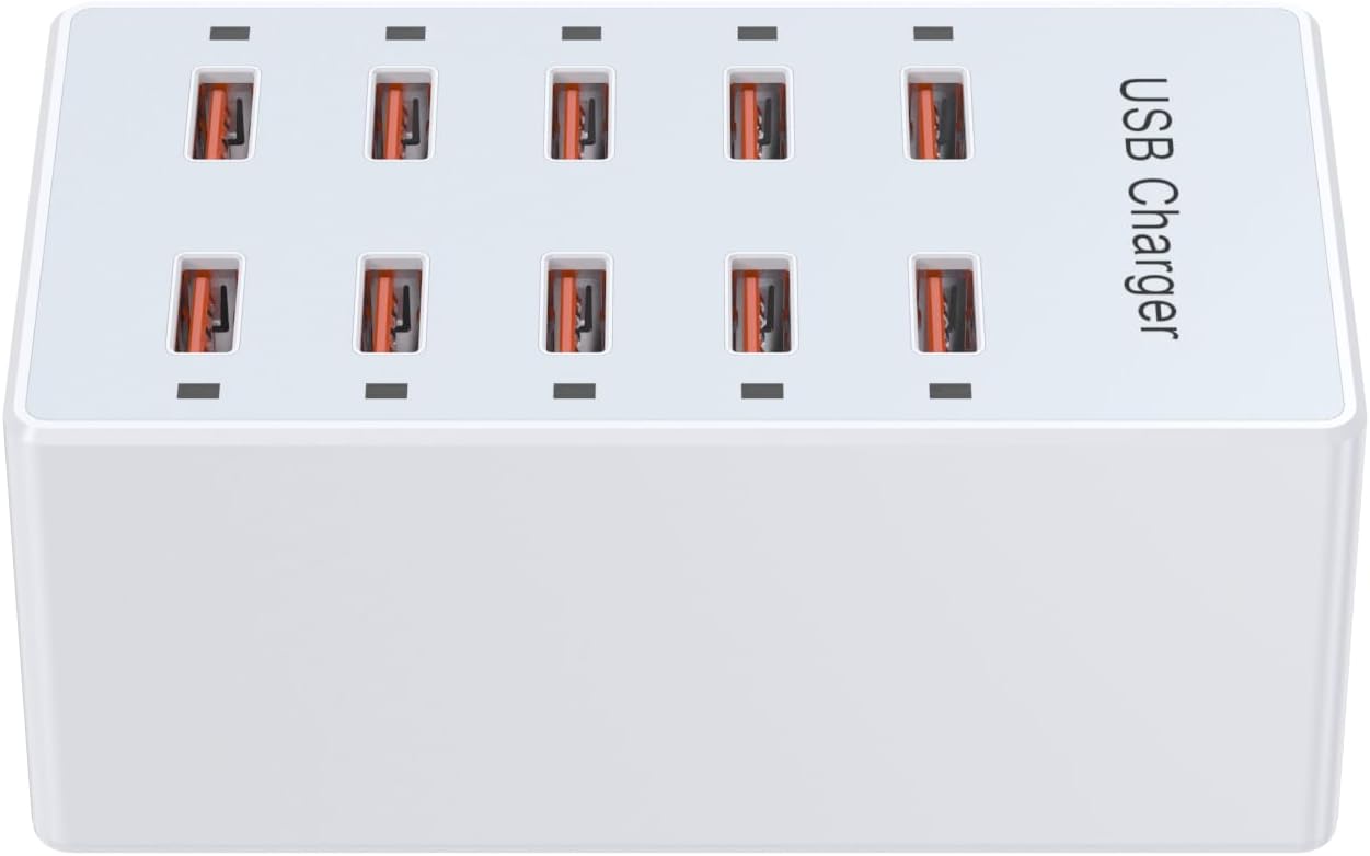 USB Charger 10-Ports Charging Station for Multiple Devices USB Wall Charger Power Hub Strip Smart Plug Charging Dock Block Compatible for iPhone Xs/XR,iPad,iPod,Smart Phones