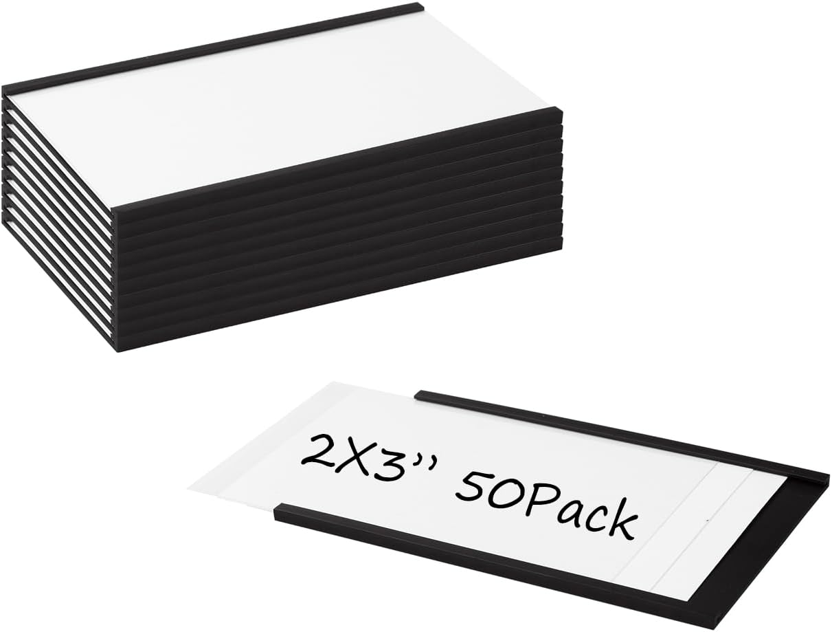 Realth C Channel Magnetic Label Holders 2'' x 3'' 50 Pack, Magnetic File Cabinet Labels with Paper Inserts and Clear Plastic Protectors, Magnetic Card Holders for Metal Racks, Shelf, Locker, Tool Box
