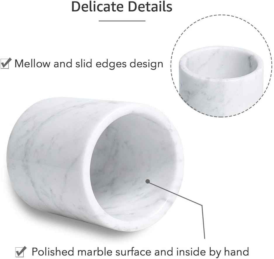JIMEI Natural Marble Pencil Pen Holder Stand for Desk, Makeup Brush Cup for Girls, Bathroom Tumbler Cup, Durable Office & Home Organizer Pencil Holder (White)