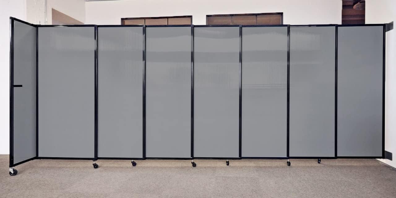 Wall-Mounted Sliding StraightWall Room Divider | Adjustable Widths | Locking Wheels | Room Separator | Up to 7'2" Wide x 6'10" Tall Charcoal Gray Fabric Panels