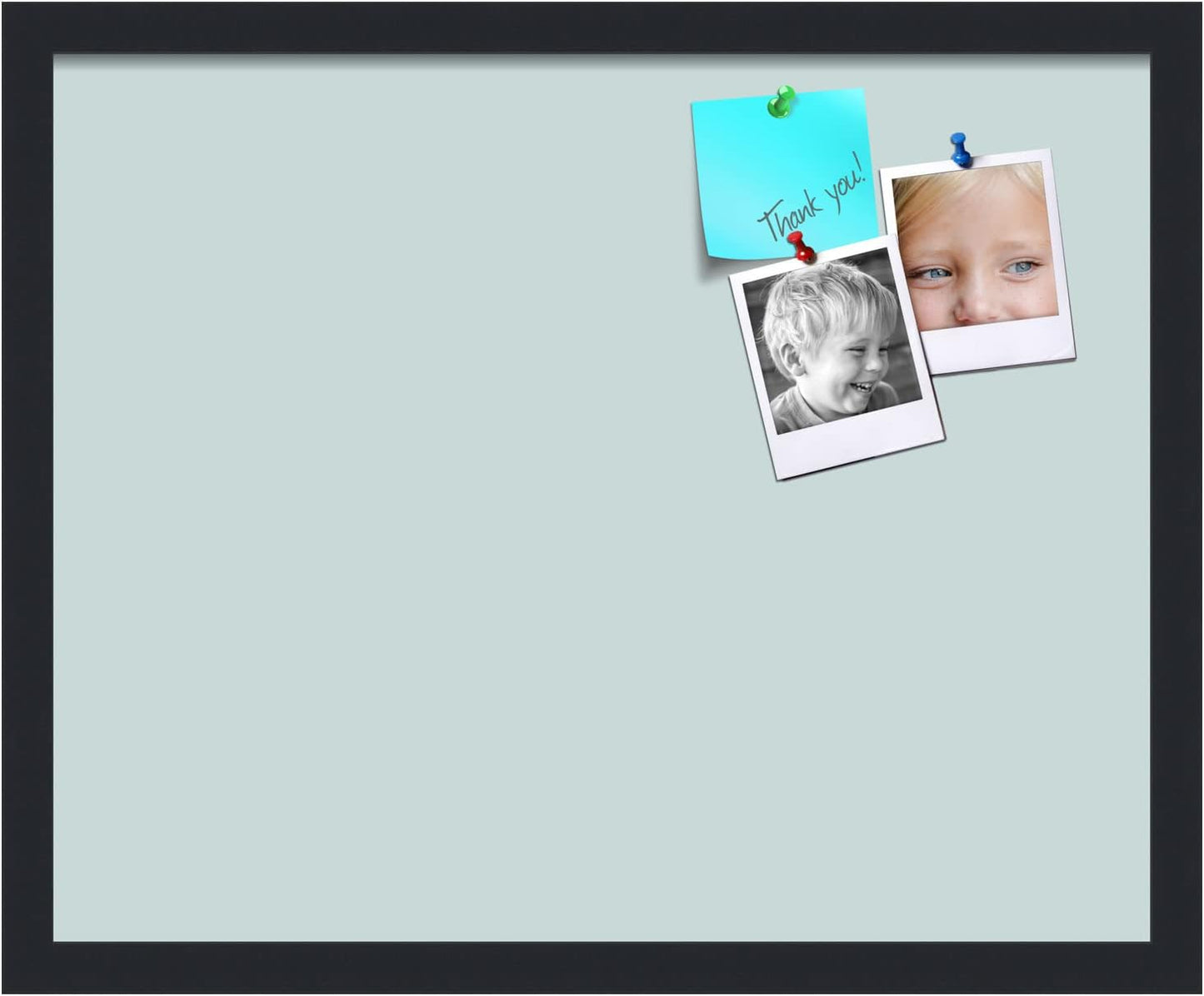 PinPix 21x17 Inch Cork Bulletin Board. This Decorative Framed Pin Board Comes with Soft Blue Design and a Satin Black Frame. Ideal for Home Office Decor or Message Board (PinPix-1814)