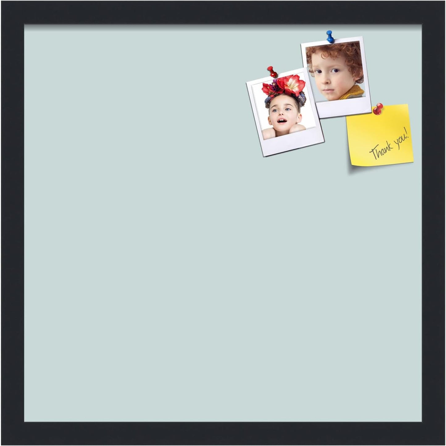 PinPix 17x17 Inch Cork Bulletin Board. This Decorative Framed Pin Board Comes with Soft Blue Design and a Satin Black Frame. Ideal for Home Office Decor or Message Board (PinPix-1814)