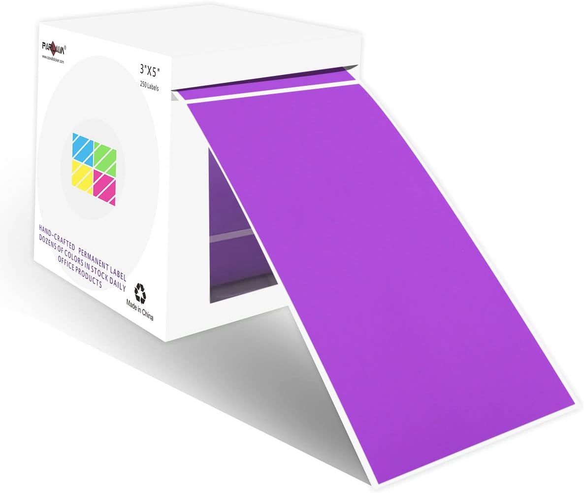 PARLAIM 3 X 5 Inch Rectangle Adhesive Color Coding Stickers,Square Purple Inventory Stickers -250 Per Dispenser Box（Purple）