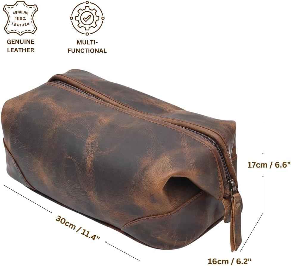 Leather Toiletry Bag for Men & Women with water resistant lining, Grooming kit, Travel Pouch, Unisex wash bag for Toiletries, Gifts for Men and Women