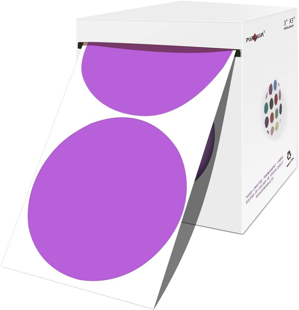 PARLAIM 3 X 3 inch Permanent Color Code Dot Stickers, 500pcs 3" Round Color Coding Circle Labels per Roll in Dispenser Box for Inventory Box, Purple