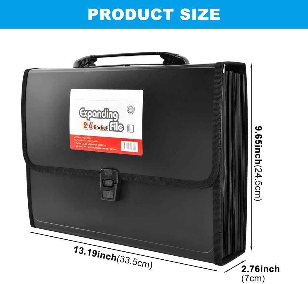 Fireproof Accordion File Organizer,26 Pockets Letter Size/A4 Accordion Files Organizer with Handle,Expanding File Folder with Lock & Labels,for Important Document/Paper Storage