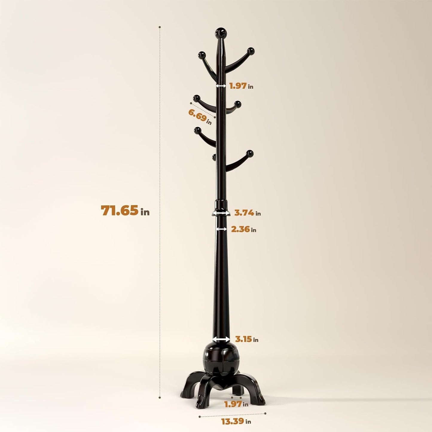 Wood Coat Rack Freestanding, Solid Wooden Hall Tree with 8 Hooks, Coat Tree Freestanding Heavy Duty with Stable Base, Entryway Hallway Bedroom Office Use, 240lbs Load Capacity H:71.6in (Black) - Lumora Desk