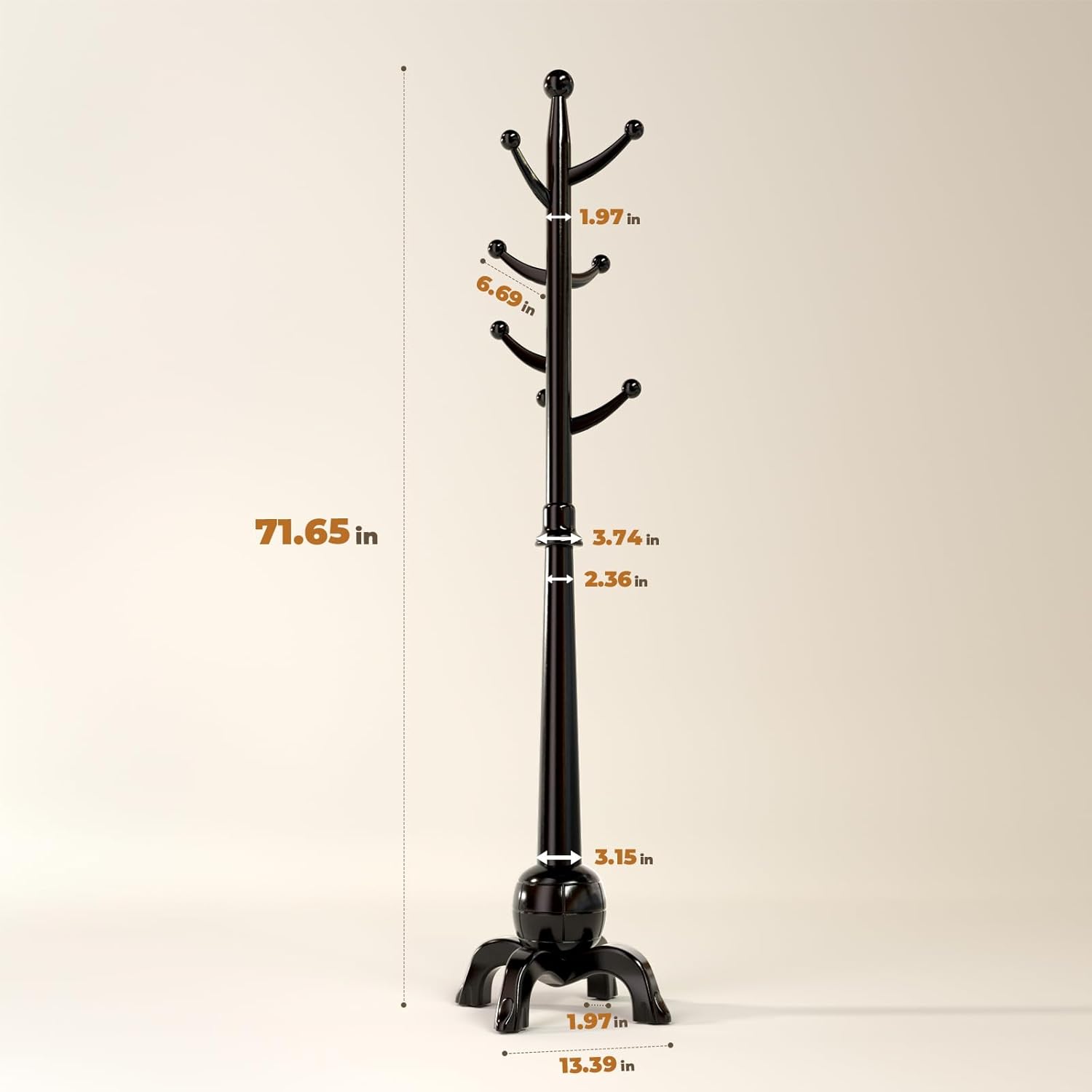 Wood Coat Rack Freestanding, Solid Wooden Hall Tree with 8 Hooks, Coat Tree Freestanding Heavy Duty with Stable Base, Entryway Hallway Bedroom Office Use, 240lbs Load Capacity H:71.6in (Black) - Lumora Desk