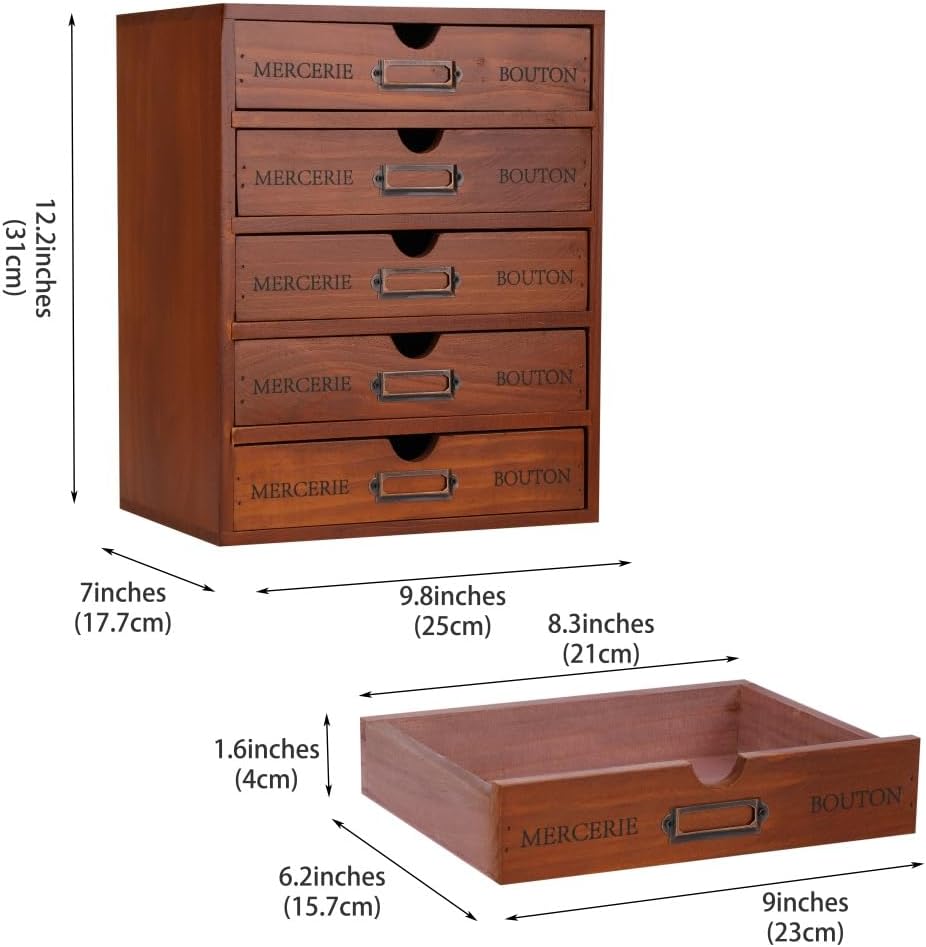 Wooden Storage Box with 5 Drawers Apothecary Drawers Vintage Wooden Drawers Wood Desktop Organizer with Drawers Countertop Drawers Library Card Catalog Cabinet Apothecary Cabinet （BROWN）