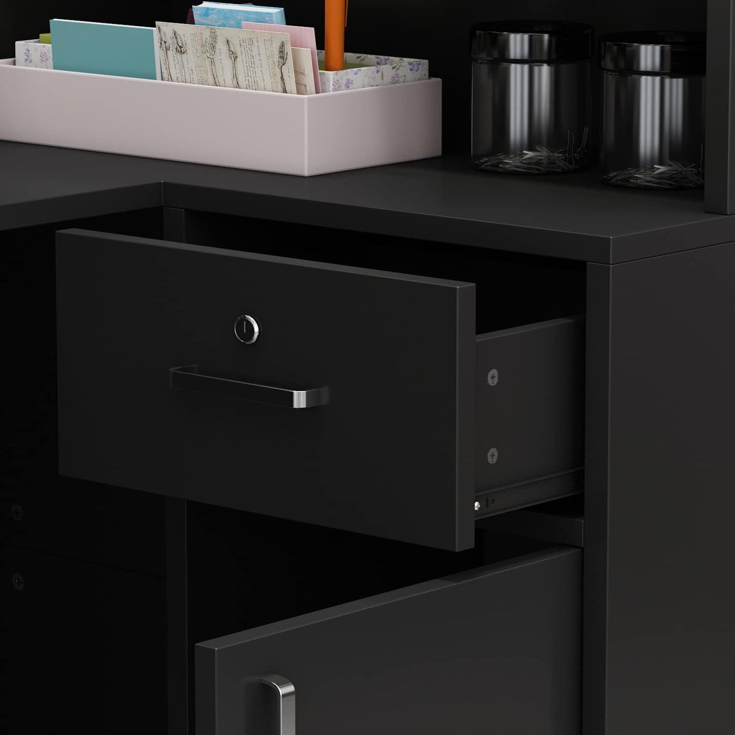 Modern Reception Desk Counter Table, L-Shap Reception Room Front Desk with Lockable Drawer & Open Shelves, Retail Counter for Salon Checkout Office, Black (55.9" W x 32.3" D x 48.4" H)