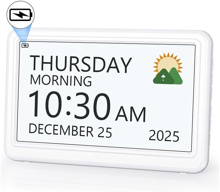 Digital Clock with Date and Day of Week, Dementia Clocks Battery Operated Alarm Clock with 20 Alarms and Medicine Reminders, 7" Large Display Rechargeable Desk Clock for Elderly Seniors Alzheimers