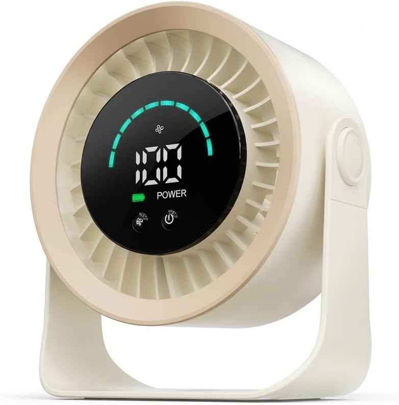 Mini Desk Fan, Small USB Rechargeable Quiet Desktop Fan, Cooling Table Electric Fan with LED Digital Display, 360°Adjustable Tilt for Bedroom, Office & Home (Khaki)