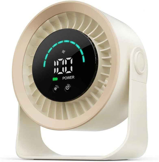Mini Desk Fan, Small USB Rechargeable Quiet Desktop Fan, Cooling Table Electric Fan with LED Digital Display, 360°Adjustable Tilt for Bedroom, Office & Home (Khaki)