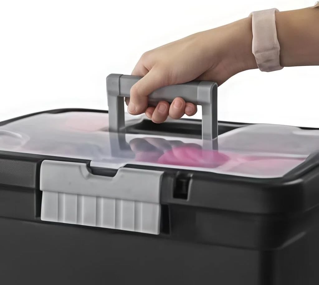 Portable File Storage Box with Handle, Stackable and Lockable Document Organizer, Plastic Filing Box for Home Office, Closet, 15 x 10.9 x 11.5 Inches, Black