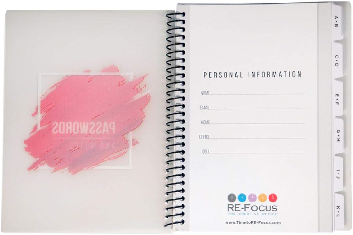 RE-FOCUS THE CREATIVE OFFICE, Password Book Keeper, Small, Mini, Red, Alphabetical Tabs, Spiral Bound, Removable Sheets, Journal Organizer, Includes Website Address, Username, Password