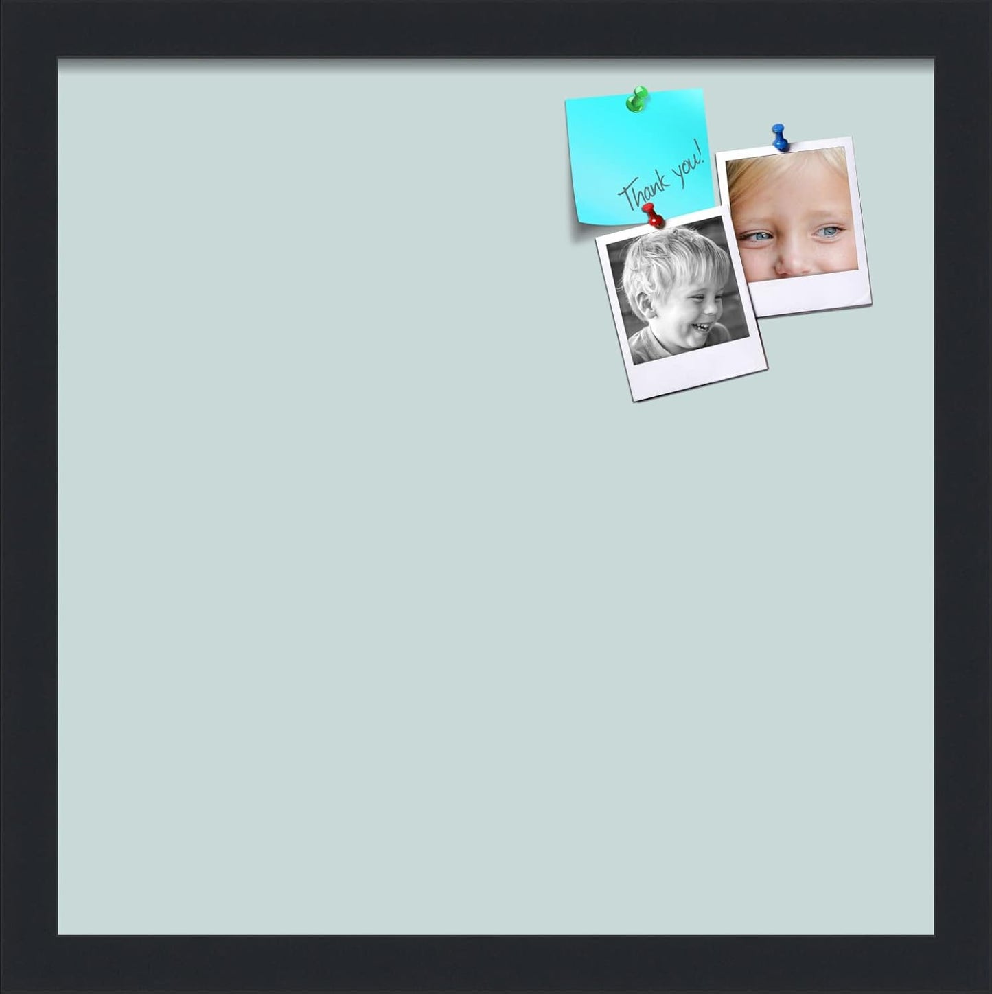 PinPix 15x15 Inch Cork Bulletin Board. This Decorative Framed Pin Board Comes with Soft Blue Design and a Satin Black Frame. Ideal for Home Office Decor or Message Board (PinPix-1814)