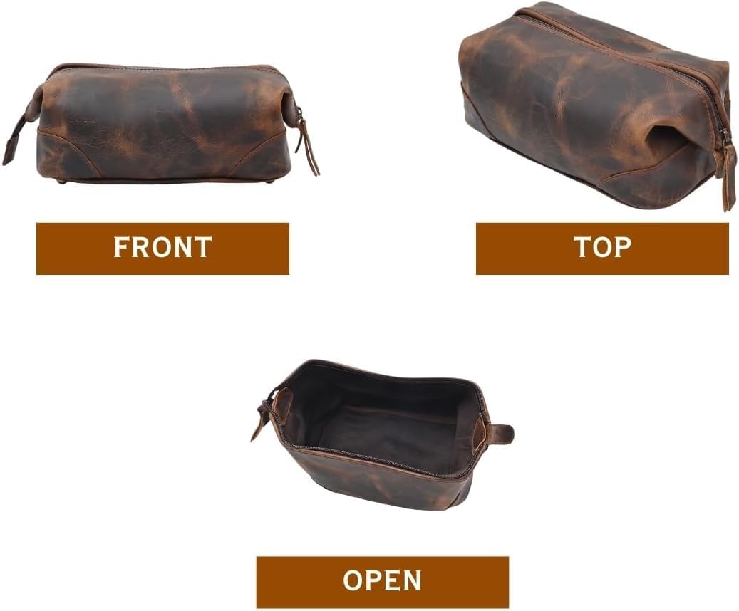 Leather Toiletry Bag for Men & Women with water resistant lining, Grooming kit, Travel Pouch, Unisex wash bag for Toiletries, Gifts for Men and Women