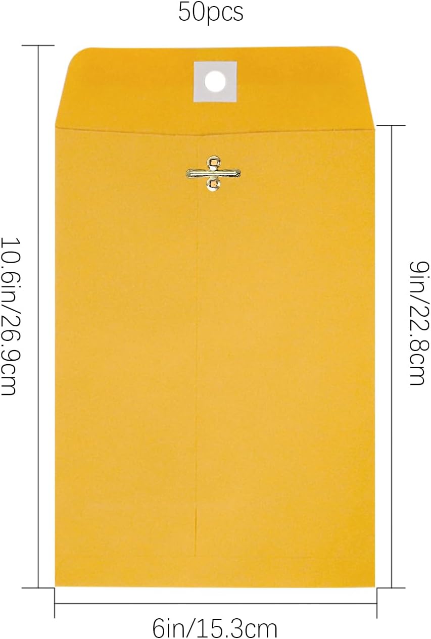 6” x 9” Clasp Envelopes with Gummed Seal Brown Kraft Catalog Envelopes Clasp Mailing Envelopes for Home, Office, Business 28 lb Kraft Paper,Pack of 50 - Lumora Desk