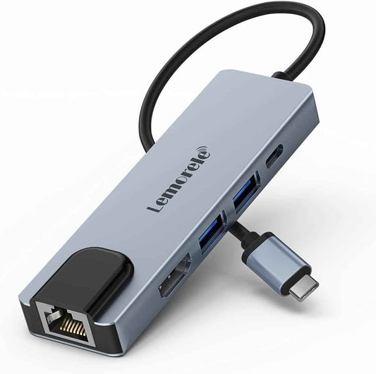 USB C Hub Adapter, Lemorele 5-in-1 Dongle Multiport Adapter with 4K HDMI, Ethernet, 2 USB 2.0 Ports, 100W PD Charging for MacBook M1 Air/Pro, iPad M1, Switch, XPS15, Windows