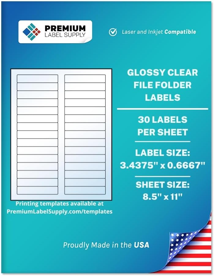 Premium Label Supply Glossy Clear File Folder Labels – 3.4375" x 0.6667" – Laser/Inkjet Compatible – (30 per Sheet), 500 Sheets – 15,000 Total Adhesive Labels