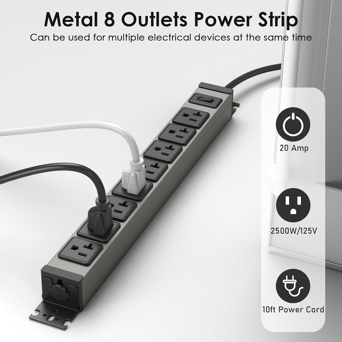 JUNNUJ Heavy Duty Power Strip Wall Mount, 20 Amp Surge Protector 1200J Metal 8 Outlet Under Desk Mounted 20A, Garage Power Bar Table Socket Industrial Outlets 6-20R T-Slot, 10FT 12AWG Extension Cord