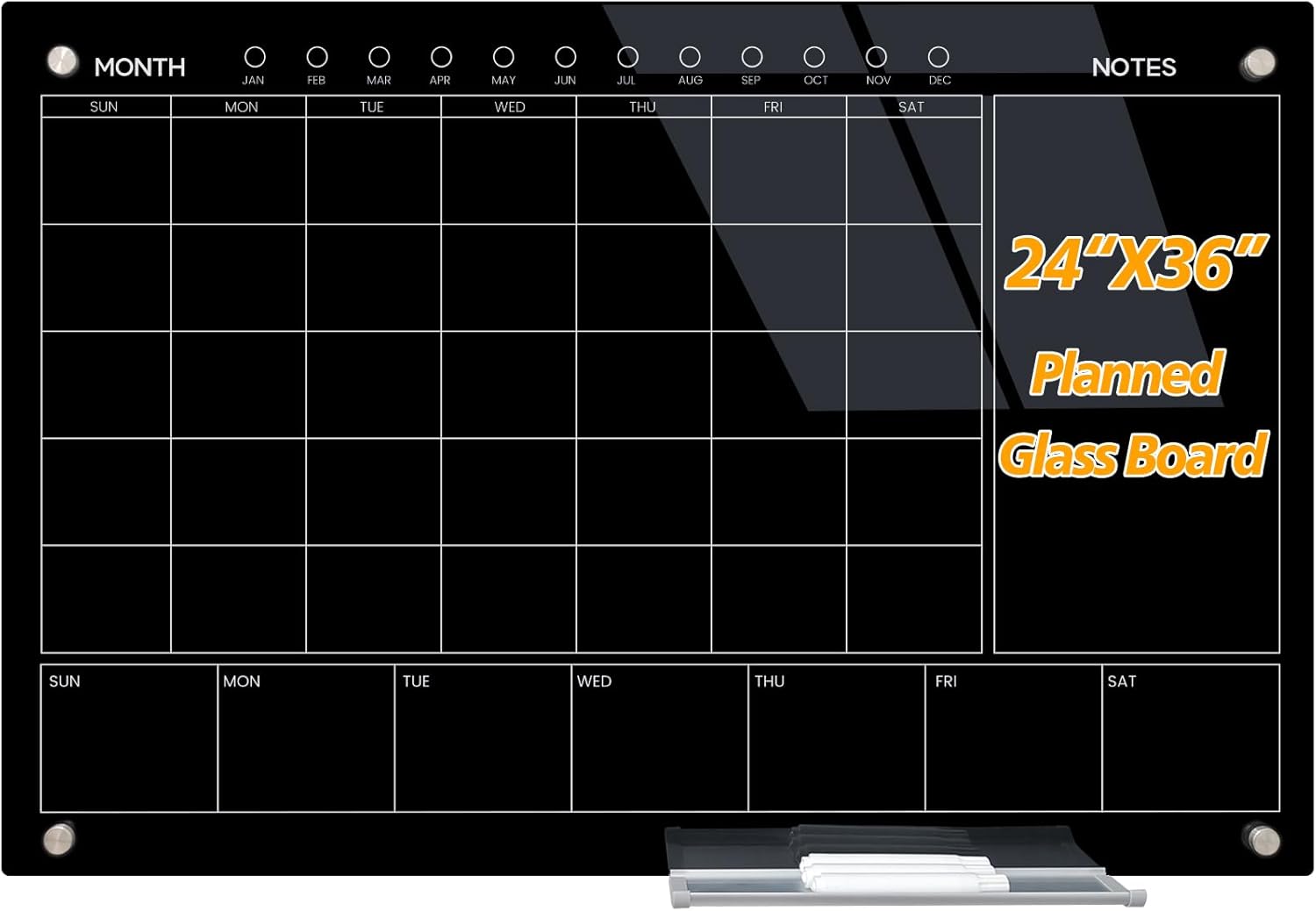 Magnetic Glass Whiteboard 36X24 Monthly Planner Calendar Dry Erase Board for Home, School, Office, Frameless, with Markers, Marker Tray, Eraser, Magnets (Black) - Lumora Desk