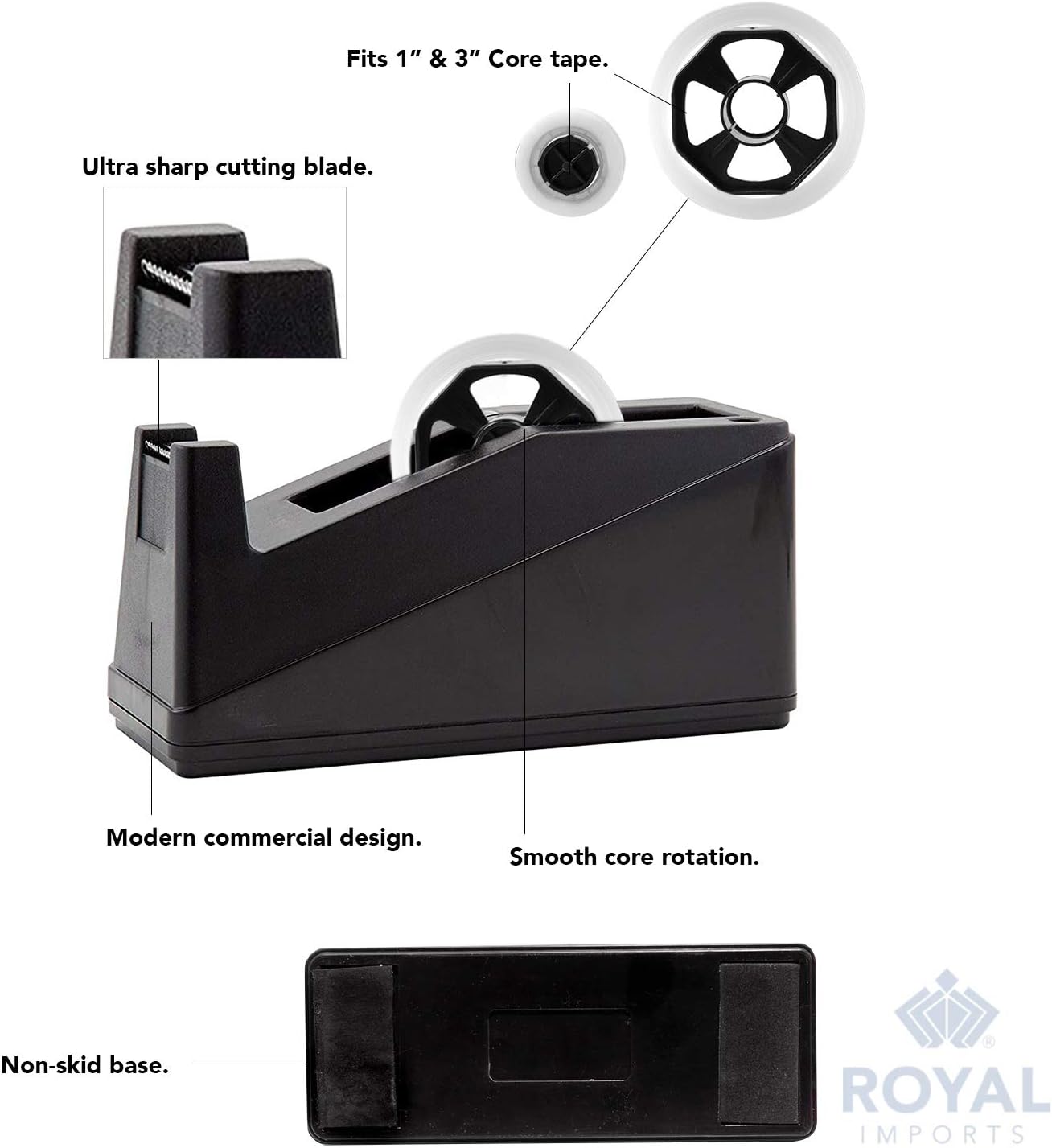 Royal Imports Desktop Tape Dispenser Adhesive Roll Holder (Fits 1" & 3" Core) Heavy Duty Premium for Office, Home, School, Library, Crafts, Moving, Giftwrapping with Weighted Nonskid Base, Black - Lumora Desk