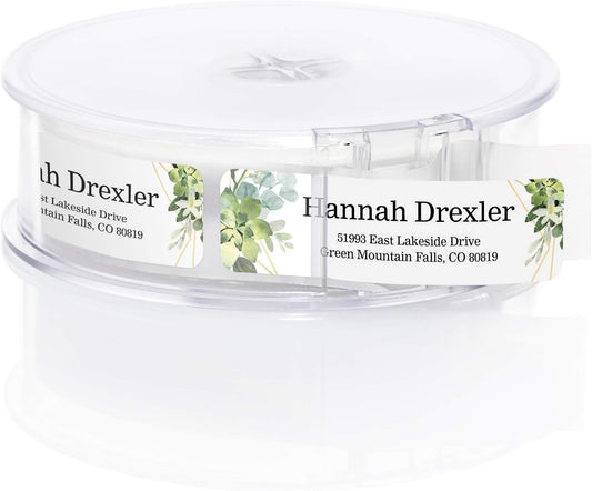 Greenery Frames Rolled Address Labels/Roll of 250 Personalized Address Labels/Designer Return Address Stickers in Elegant Plastic Dispenser - Lumora Desk