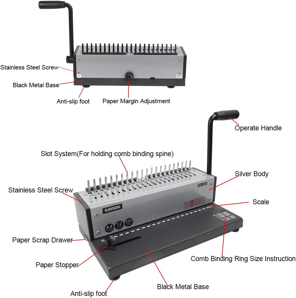 Rayson SD-1201 Binding Machine Punching and Binding with Combs Set - 21 Hole/ 200 Sheets Paper Comb Binder