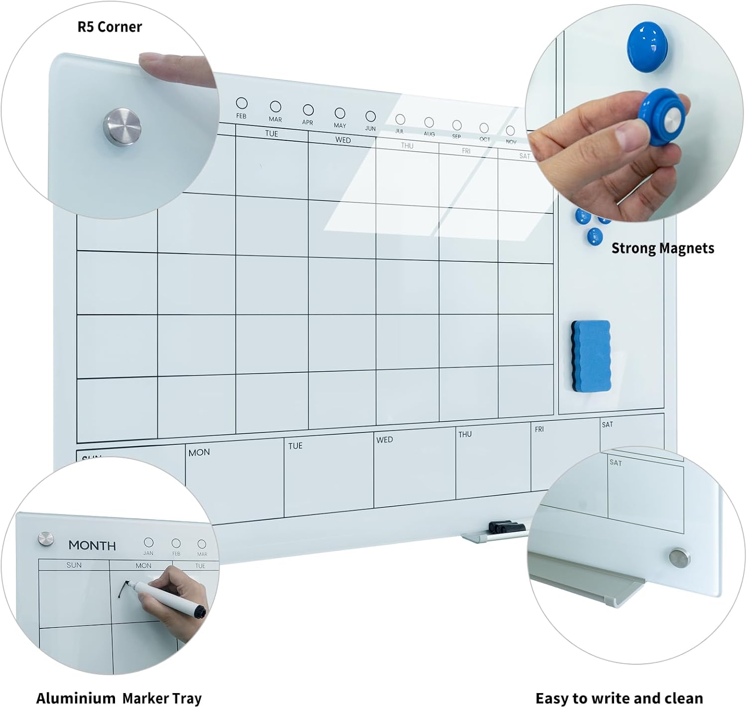 Magnetic Glass Whiteboard 36X24 Monthly Planner Calendar Dry Erase Board for Home, School, Office, Frameless, with Markers, Marker Tray, Eraser, Magnets (White) - Lumora Desk