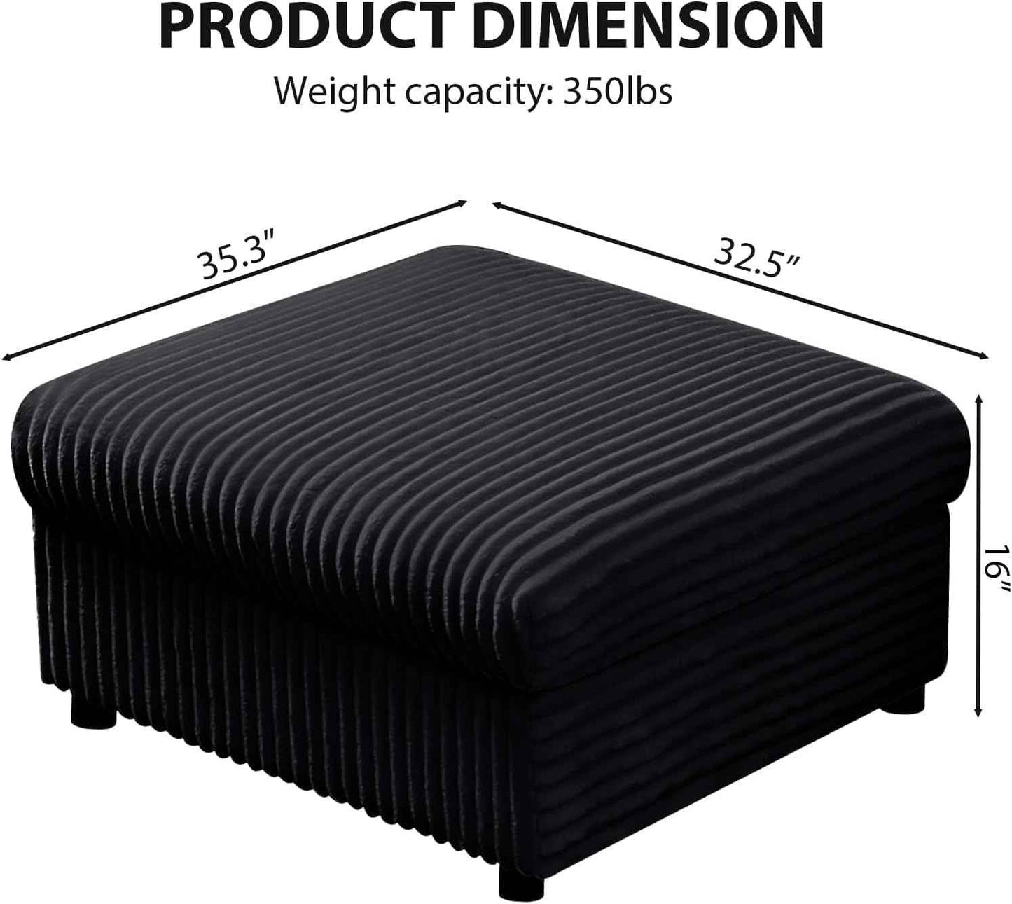 35" Corduroy Ottoman with Storage, Oversized Storage Ottoman for Living Room, Large Square Ottoman for Sofa Couch, Black