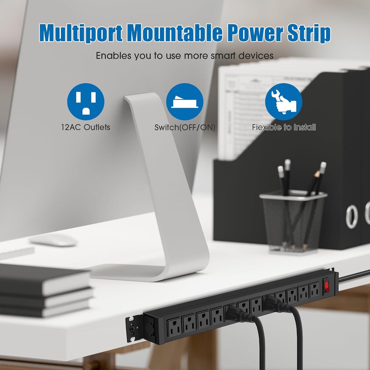 HHSOET Rotating Mountable Power Strip, 12 Outlet Wall Mount Surge Protector, Metal Heavy Duty and Versatile Outlet Strip, Stylish Appearance, Sturdy and Durable, 10ft Power Cord.(Black)