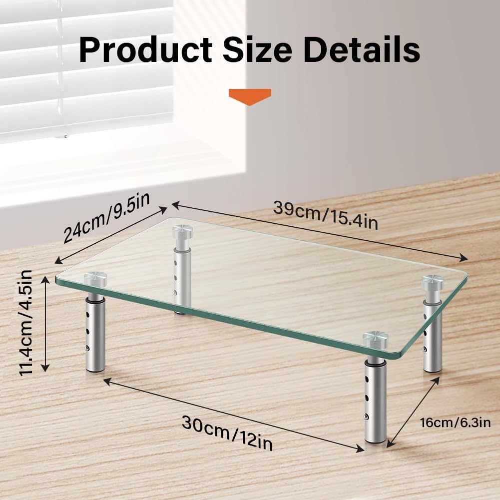 KKTONER GLASS Monitor Stand with Height Adjustable for Home Office 2 Pack Computer Monitor Riser PC Screen Riser for Desk Organzier Laptop