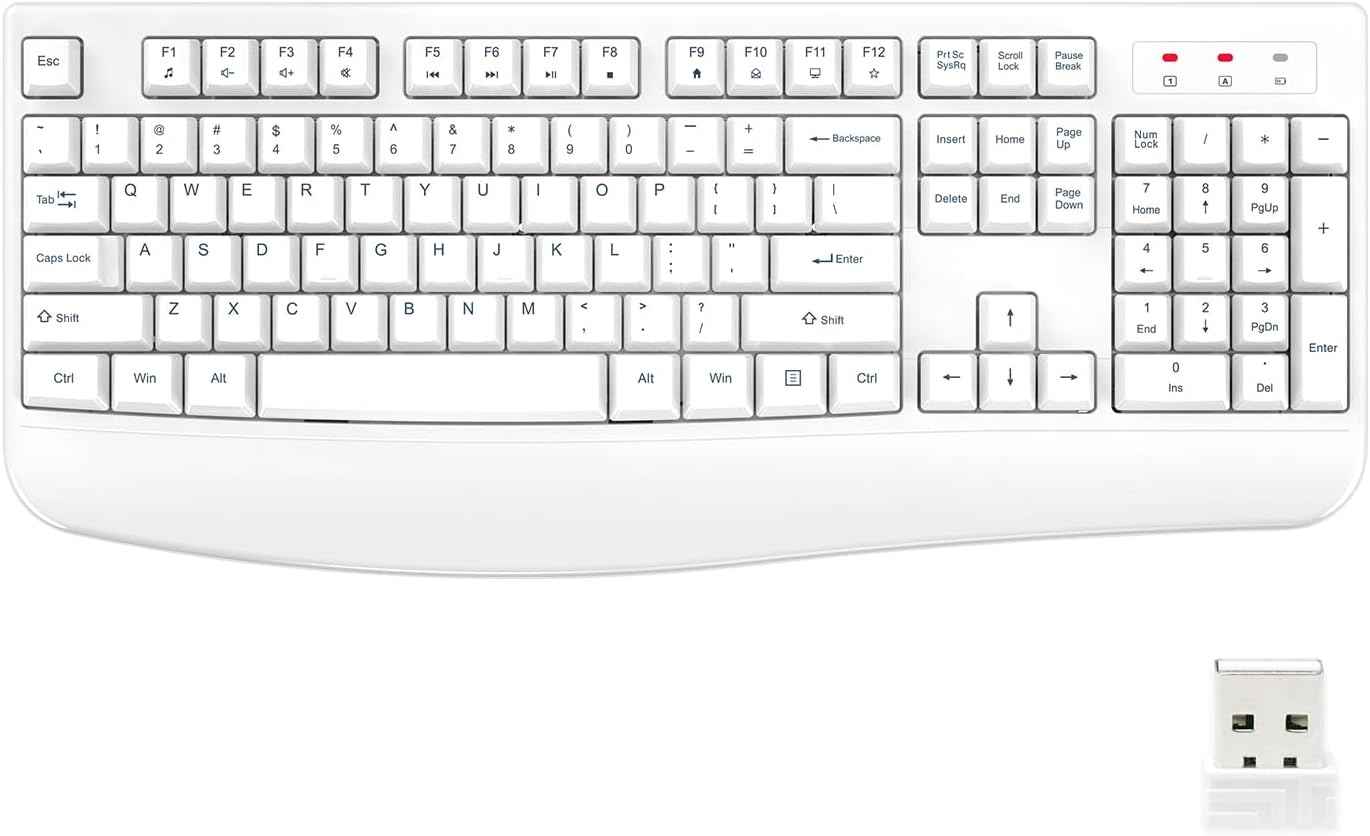 EDJO Wireless Keyboard, 2.4G Ergonomic Full Size Wireless Computer Keyboard with Wrist Rest for Windows, Mac OS Desktop/Laptop/PC White