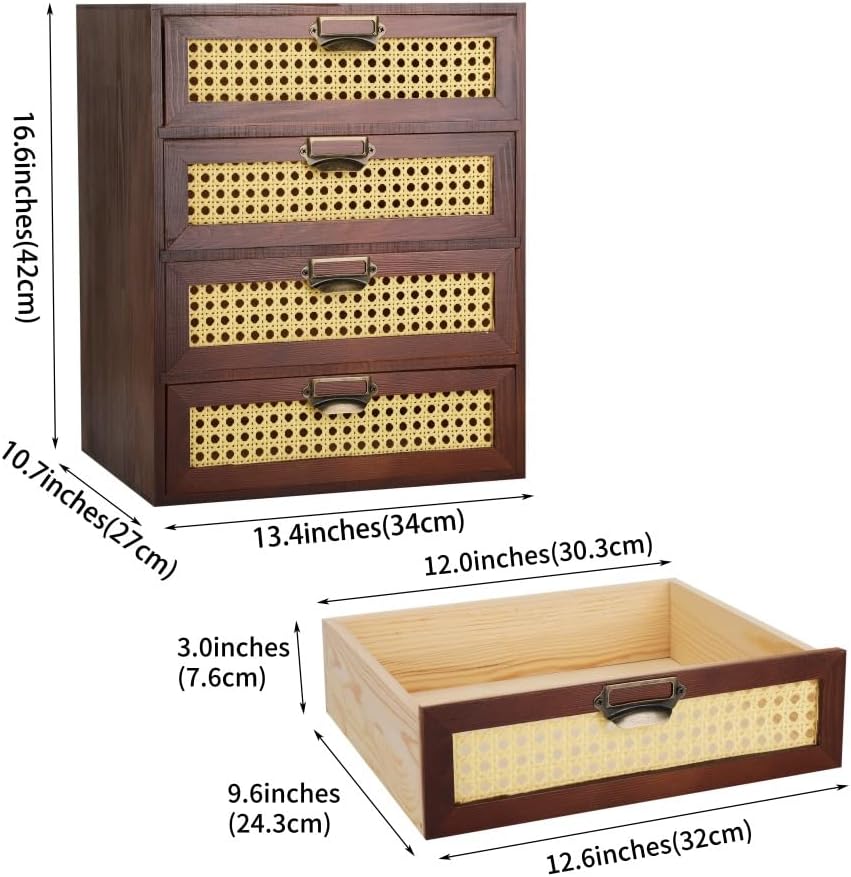 Large Wooden Storage Box Wooden Box with Drawers Apothecary Cabinet Large Desk Organizer with Drawers Rattan Storage Cabinet (LARGE BROWN)